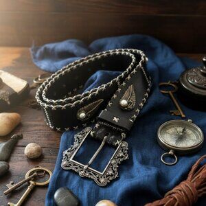 Vintage Black Leather Women's Belt NANNI Italy w/Imitation Pearl Studs 32/80